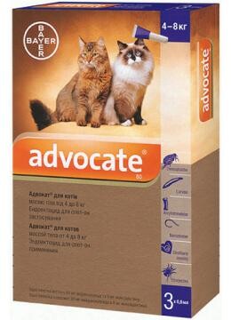 Капли на холку от блох, клещей и глистов Bayer Advocate (Байер Адвокат) для кошек от 4 до 8 кг